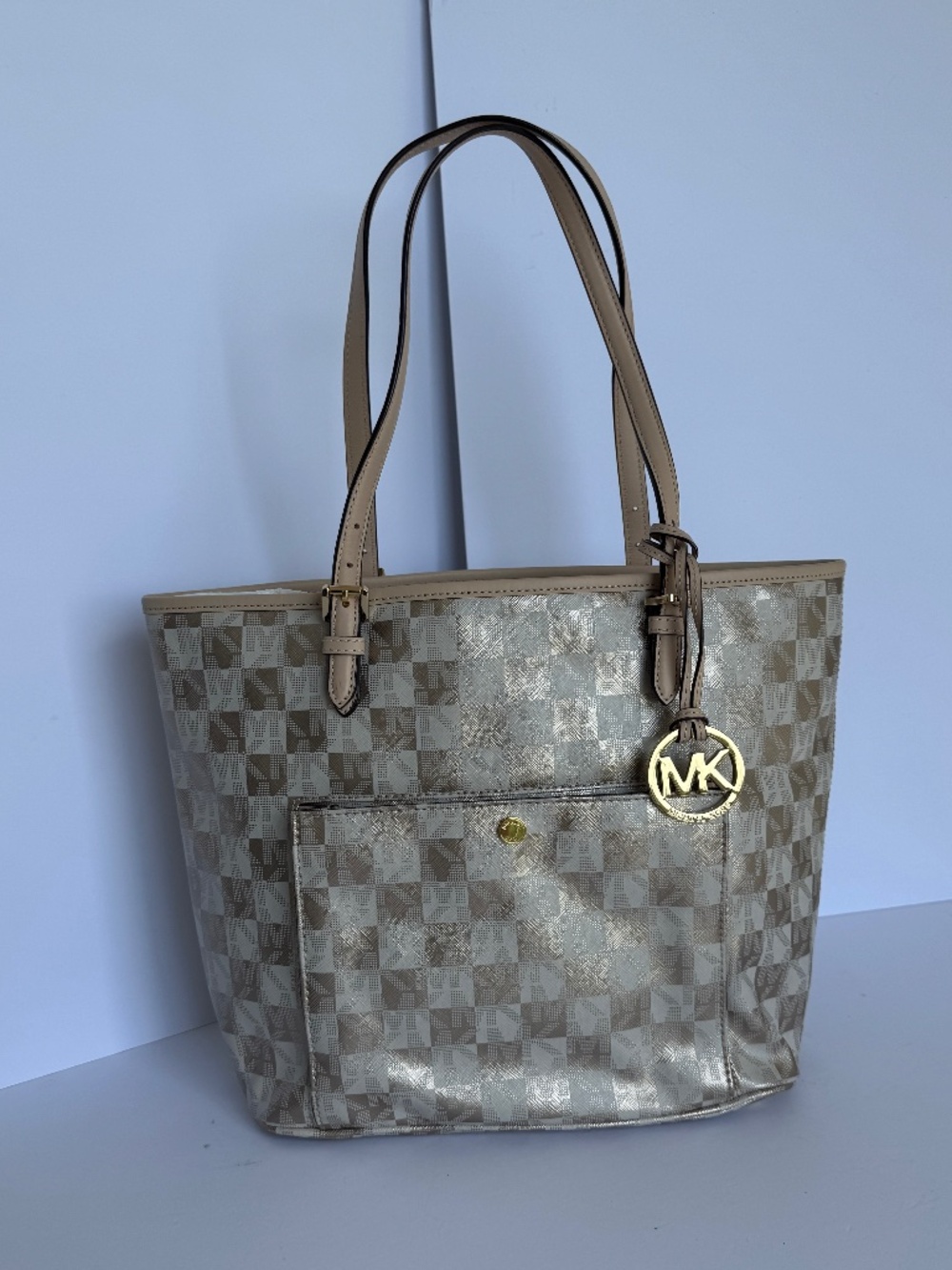 Michael Kors Jet Set Medium Metallic Checkered Pocket Tote - Gold/Tan